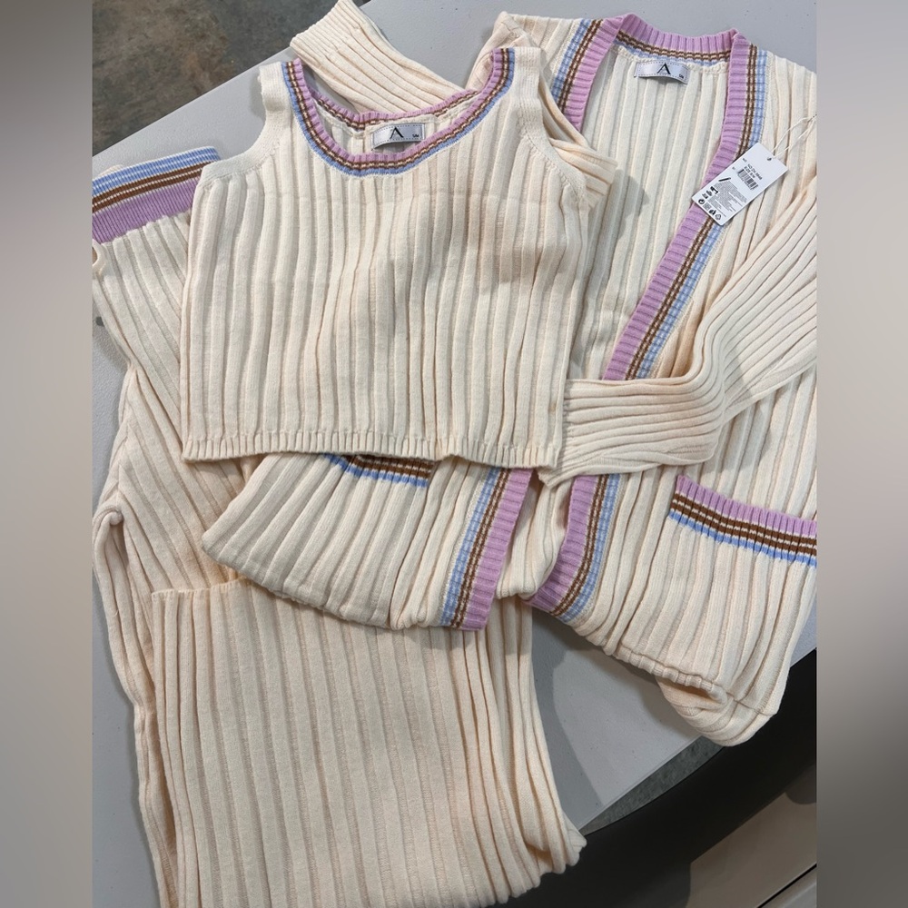 Cream Ribbed Knit Set with Pink and Purple Trim